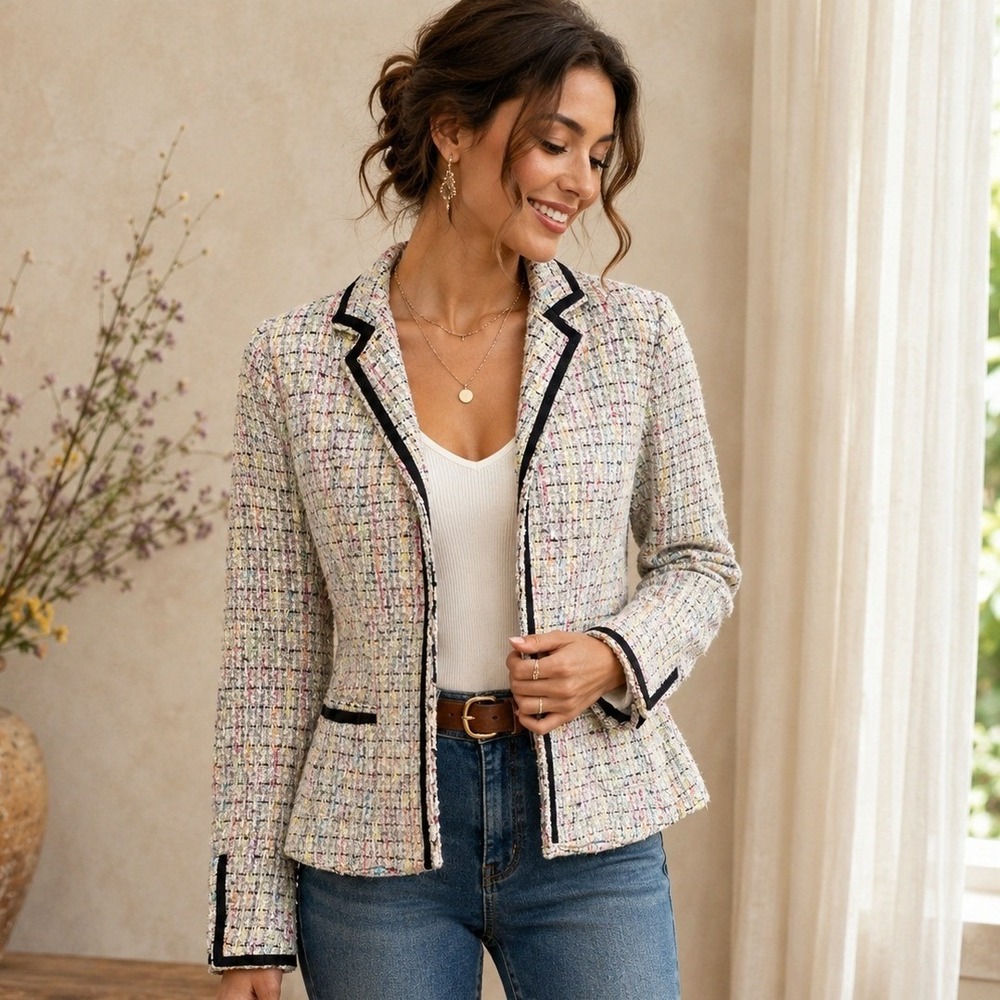 Firuze Tweed Blazer Women Medium Multicolor Wool Blend Grosgrain Trim Vintage